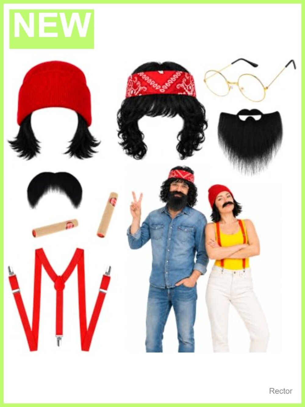 Halloween costume accessory set with wigs, glasses, bandana, suspenders